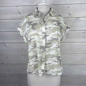 Sanctuary Womens Tan Beige Camouflage Cotton Button-up Shirt Blouse Size Small